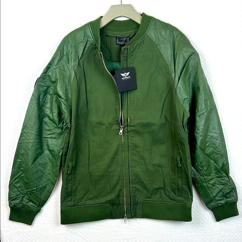 Cordova Olive Green Bomber Jacket Leather Sleeves Nwt Sz. M Zip Up Pockets